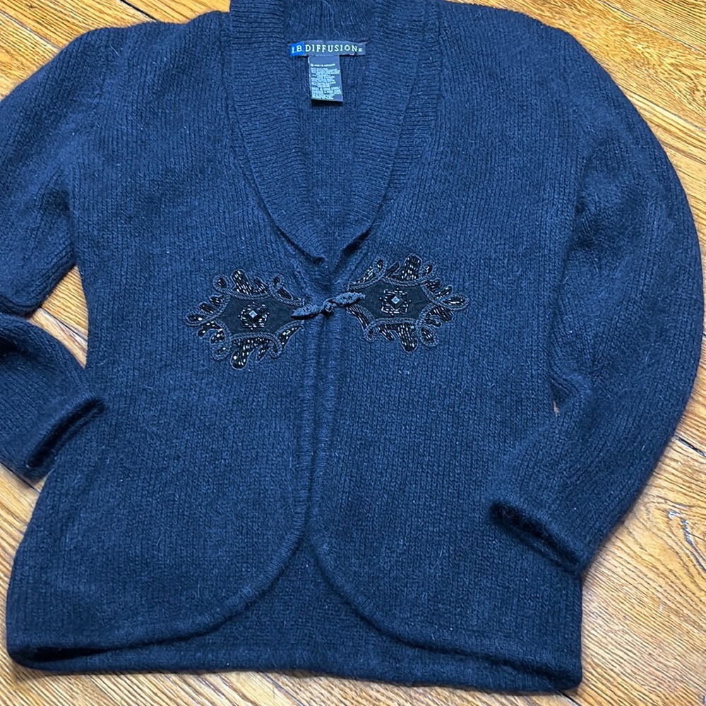 I.B. Diffusion vintage black cardigan sweater.  Beaded detail, Size Medium.